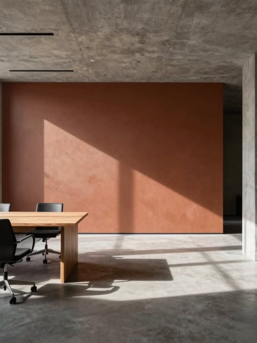 Architectural wide-angle shot of a minimalist concrete and timber office interior, dramatic natural side-light casting deep shadows, terracotta accent wall in background.