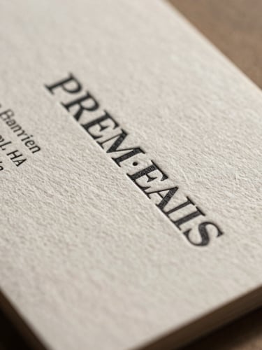 Extreme macro close-up of a premium letterpress business card on heavy cotton paper, deep debossing texture, warm natural side-light with long shadows.