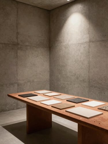 Architectural interior photograph of Lamsa Fania design studio, minimalist concrete walls, warm spotlighting illuminating material samples on a terracotta table, dramatic shadows, editorial composition.