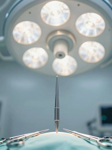 Macro shot of high-precision surgical steel surgical instruments, bright cool-toned operating room lighting, sterile environment, shallow depth of field.