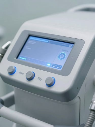 A close-up shot of a premium clinical aesthetic device interface, sterile steel body, cool blue LED indicators, bright clinical lighting.