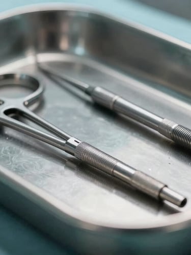 Macro shot of high-precision surgical steel surgical instruments resting on a sterile metal tray, cool-toned operating theater lighting, sharp focus on metallic edges.