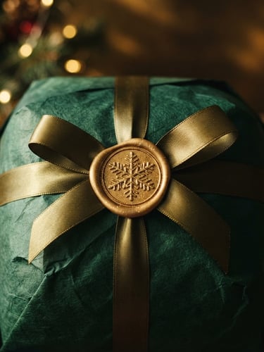 Macro shot of a luxury Christmas panettone wrapped in deep green paper with a gold foil seal, warm side-lighting, shallow depth of field