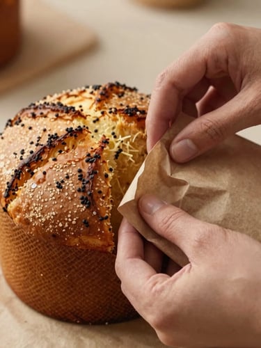 Close-up of hands carefully wrapping a premium panettone in rustic eco-friendly paper, warm natural light, shallow depth of field.