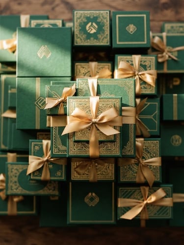 Overhead composition of elegant green and gold corporate gift boxes stacked neatly, warm side-lighting highlighting the gold foil details, 35mm photography.