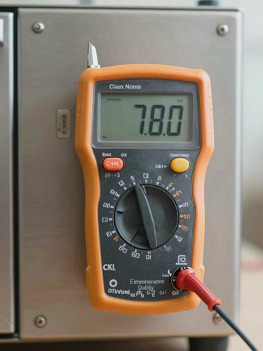Macro shot of a clean, modern digital multimeter calibrating a premium stainless steel oven control panel, bright clinical daylight, straight-on technical framing.