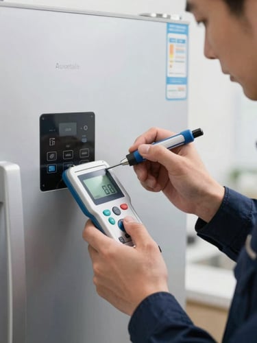 Macro close-up of a professional technician in a crisp navy uniform using a digital calibration tool on a premium modern refrigerator control panel, bright clinical light