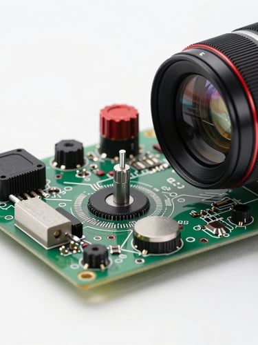 Macro shot of modern technical tools calibrating a premium oven circuit board. Bright clinical white studio lighting, high contrast, focus on technical components.