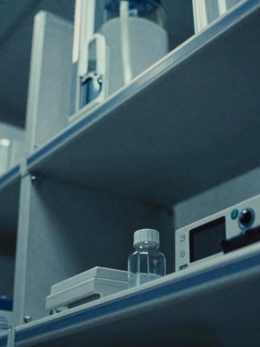 Dramatic close-up of sterile clinical equipment in a high-end laboratory, cool steel-blue tones, sharp architectural lines, 35mm film.