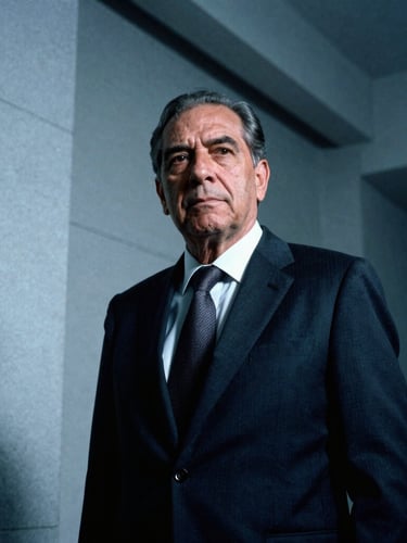 Dramatic low-key portrait of an elite senior Mexican attorney in a dark tailored suit, cool steel-blue lighting, high-contrast shadows, modern clinical architectural background, 35mm film.