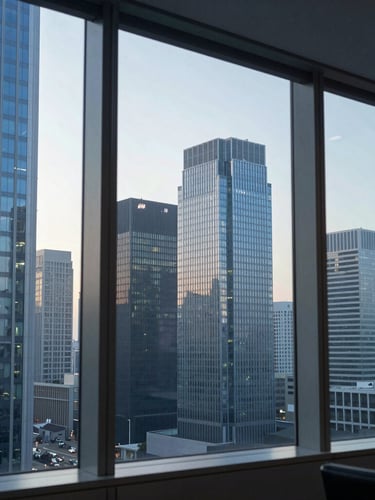 A sharp 35mm photograph of a modern office window overlooking a high-tech city skyline, cool morning light with blue reflections on glass surfaces.