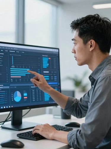 Professional corporate tech portrait of a startup founder analyzing data on a screen, cool blue tones, clean daylight, sharp focus