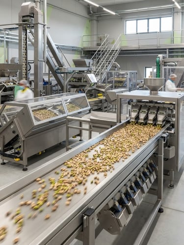 Wide-angle industrial facility shot, bright daylight, stainless steel automated sorting lines processing premium green pistachios, crisp focus.