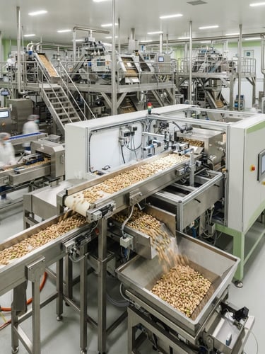 Wide-angle industrial photography of a state-of-the-art automated pistachio sorting facility, stainless steel processing lines, bright clean studio lighting, sharp focus.