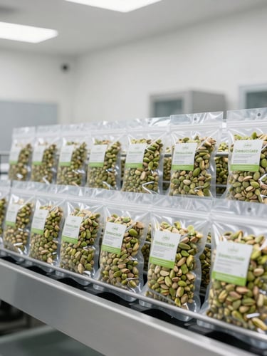 Immaculate automated packaging line with vacuum-sealed bulk pistachio bags, bright clinical lighting, high-end corporate industrial aesthetic.
