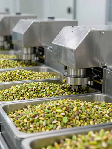Industrial vacuum-packaging line in a cleanroom facility, stainless steel machinery sealing bulk boxes of bright green pistachio kernels, bright daylight.