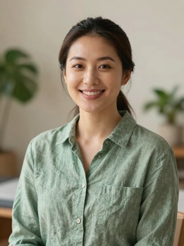 Warm professional portrait of a smiling female physiotherapist in a soft green linen shirt, gentle natural lighting, indoor plants blurred in the background.
