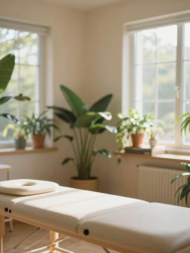 Warm editorial portrait of a sunlit physiotherapy room filled with green indoor plants, soft natural daylight filtering through large windows, warm sand-toned walls.