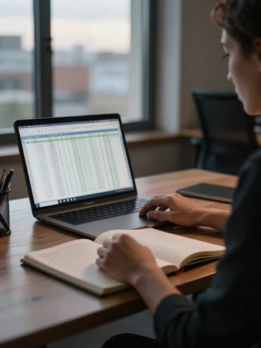 Wide environmental shot of a consultant's desk in a dim office at dusk, natural window light falling across an open notebook and a laptop screen displaying dense spreadsheet data, hands resting near the keyboard, no face visible, quiet concentration