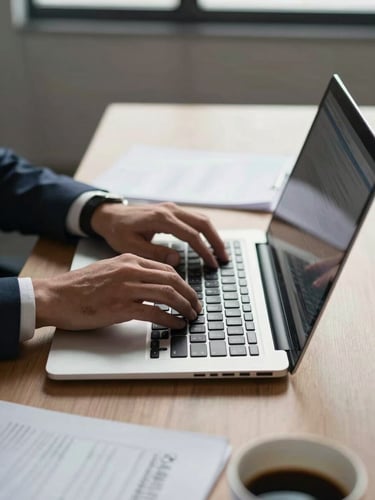 Close environmental shot, left-side bleed: a consultant's hands resting on a worn laptop keyboard in a dimly lit client office, natural window light crossing the desk at a low angle, papers and a half-empty coffee cup visible at the edge, focus on the keyboard and the glow of the screen reflecting on the desk surface