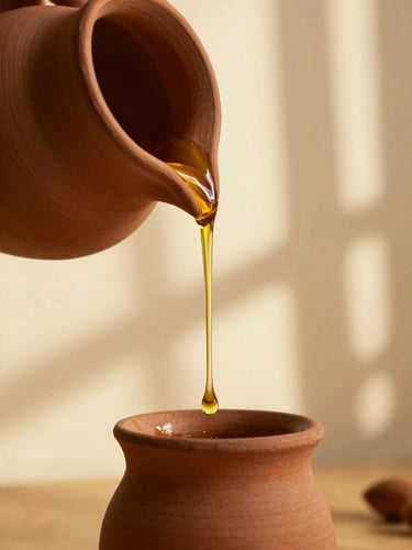 Warm editorial portrait of golden cold-pressed argan oil dripping from a clay vessel, soft golden-hour light filtering through screens, rich terracotta and cream tones, shallow depth of field, 35mm
