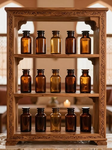 Warm editorial portrait of hand-carved cedarwood shelves stocked with amber glass apothecary jars inside a serene Moroccan lounge, soft candlelit atmosphere, 35mm