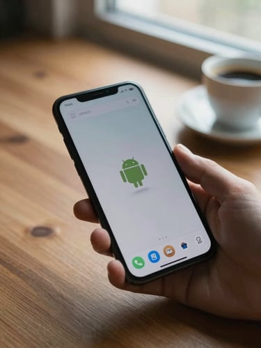 Close-up of a hand holding an Android phone at a wooden desk near a window, morning light falling softly across the screen, a single calm app interface visible, coffee cup slightly out of focus in the background
