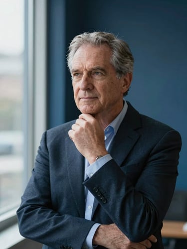 Portrait of a senior male executive in a thoughtful pose, natural window light, deep midnight blue background, shallow depth of field, 35mm