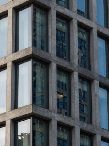 Structured concrete and glass corporate building facade, strong architectural lines, soft morning light, steel blue reflections, 35mm.