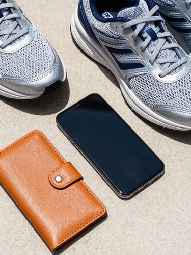 Vibrant editorial flat-lay of modern lifestyle essentials, a sleek smartphone next to a minimalist leather wallet and running sneakers, bright daylight, sharp focus.