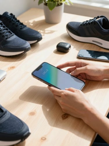 Vibrant editorial photography of a modern creative workspace, hands organizing tech gadgets and sneakers on a clean wooden desk, bright natural daylight, sharp focus.