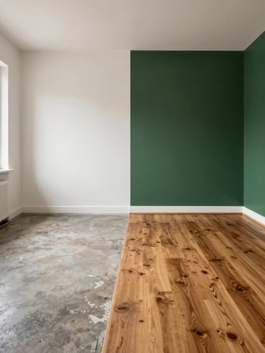 Wide split-screen before and after: left side shows a living room with bare white walls and worn concrete floor in natural daylight, right side shows the identical room with deep forest green walls and warm wood-look vinyl flooring installed, straight-on architectural framing, photorealistic rendering quality, no people