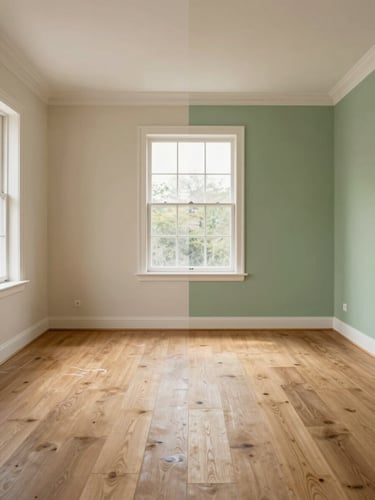 Wide straight-on living room interior, left half showing original beige walls and worn flooring, right half showing photorealistic AI rendering with sage green paint and light oak flooring — a clean vertical split-screen comparison, soft natural daylight from a large window, architectural framing, no people