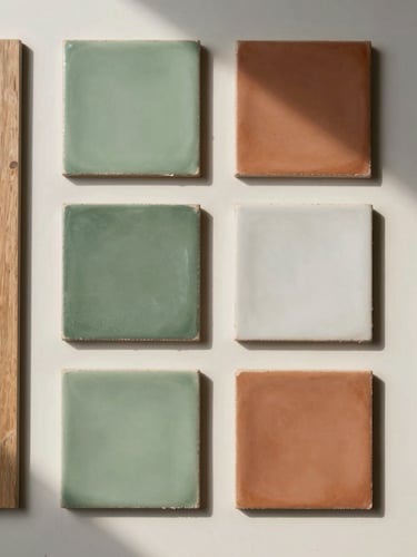 Overhead close-up of material samples arranged on an off-white surface — paint chips in muted greens and terracotta, a square of porcelain tile, a strip of wood flooring veneer, soft natural daylight from the left side, no shadows, architectural flat-lay framing