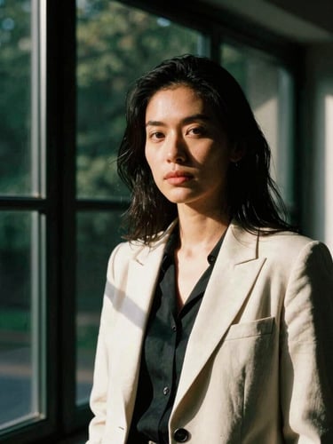 A high-contrast environmental portrait of a female strategist in deep focus, natural side window light casting long shadows, deep forest green and cream tones, 35mm film.