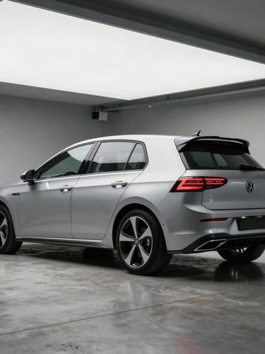 A pristine silver hatchback parked inside a modern minimalist garage, sharp 3/4 angle shot, natural overcast daylight, concrete floor