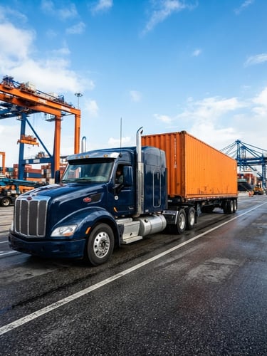 Low angle wide shot of a heavy-duty semi-truck transporting a shipping container from a bustling Florida port terminal, bright morning light, high contrast blue and orange tones.