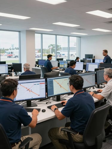 Modern logistics operations center in St. Petersburg Florida, professionals analyzing real-time shipping route maps on screens, bright daylight, professional atmosphere.