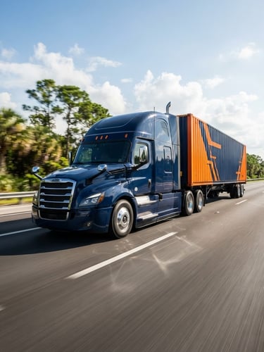 Wide-angle crisp commercial photo of a modern semi-truck moving on a sun-drenched Florida highway, deep navy and orange container tones, dynamic motion blur.