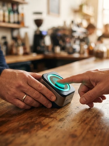 A close-up of a secure biometric fingerprint terminal on a wooden shop counter, a merchant's hand gently guiding a customer's finger onto the glowing teal sensor, warm ambient morning light, shallow depth of field.