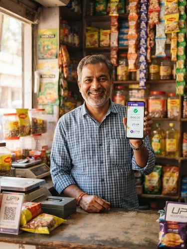 A medium close-up of a smiling Indian merchant standing in his bright neighborhood kirana store, warm natural daylight, holding a smartphone showing a successful UPI transaction.