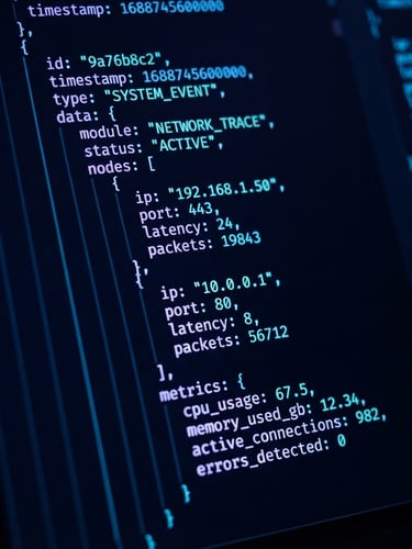 Sleek dark-mode tech photography, macro close-up of a high-fidelity code editor displaying complex data structures, neon blue ambient lighting, high contrast, sharp focus, 35mm