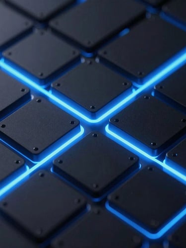 Sleek dark-mode tech photography, abstract 3D representation of modular software architecture blocks, glowing electric blue lines, high contrast, macro details, 35mm