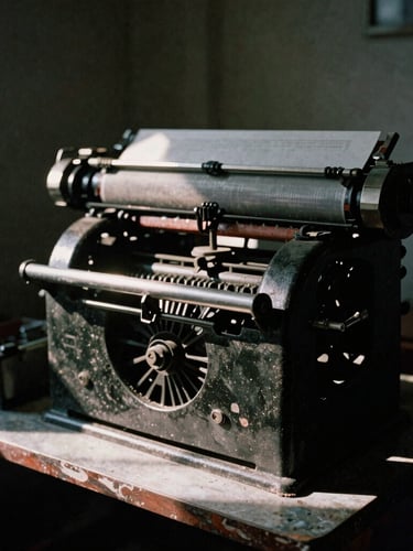 Raw documentary photojournalism, high-contrast natural light, a gritty printing press machine in a dark room in Kuala Lumpur, dramatic shadows, 35mm film grain