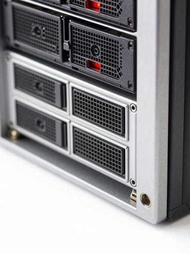 Macro close-up of high-end server hardware rack, bright high-key studio lighting, pure white background, sharp red accent lights, 50mm