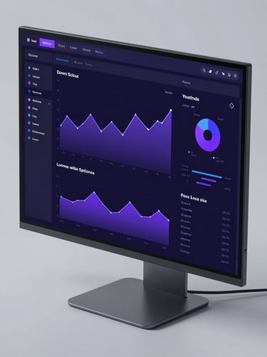Angled perspective mockup of a dark-mode data science dashboard showing purple and indigo analytics charts on a sleek computer monitor, clean studio lighting