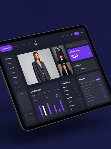 Angled perspective mockup of a dark-mode fashion dashboard UI, showcasing clean data visualizations and purple glowing accents on a deep indigo background.