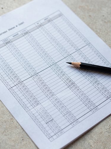 Close-up overhead of a structured spreadsheet printout on a light stone surface, annotated in pencil, cool diffused daylight from the left, no hands visible, sharp detail on the data grid