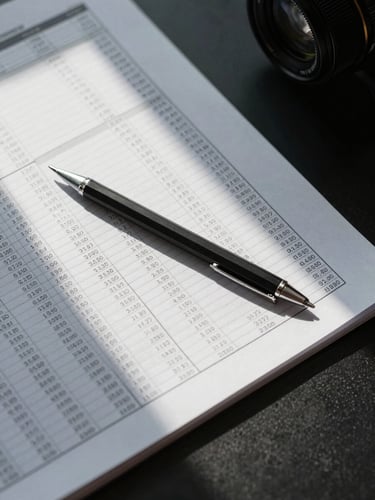 Overhead close-up of a large financial spreadsheet on a matte black desk, a precise mechanical pencil resting diagonally across the columns, cool north-facing daylight casting sharp shadows, no people