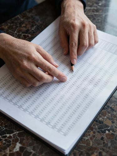 Overhead close-up of hands tracing columns in a dense financial spreadsheet on a dark marble desk, cool north-facing studio light, a mechanical pencil resting at the edge, no people visible beyond the wrists, ultra-sharp analytical detail